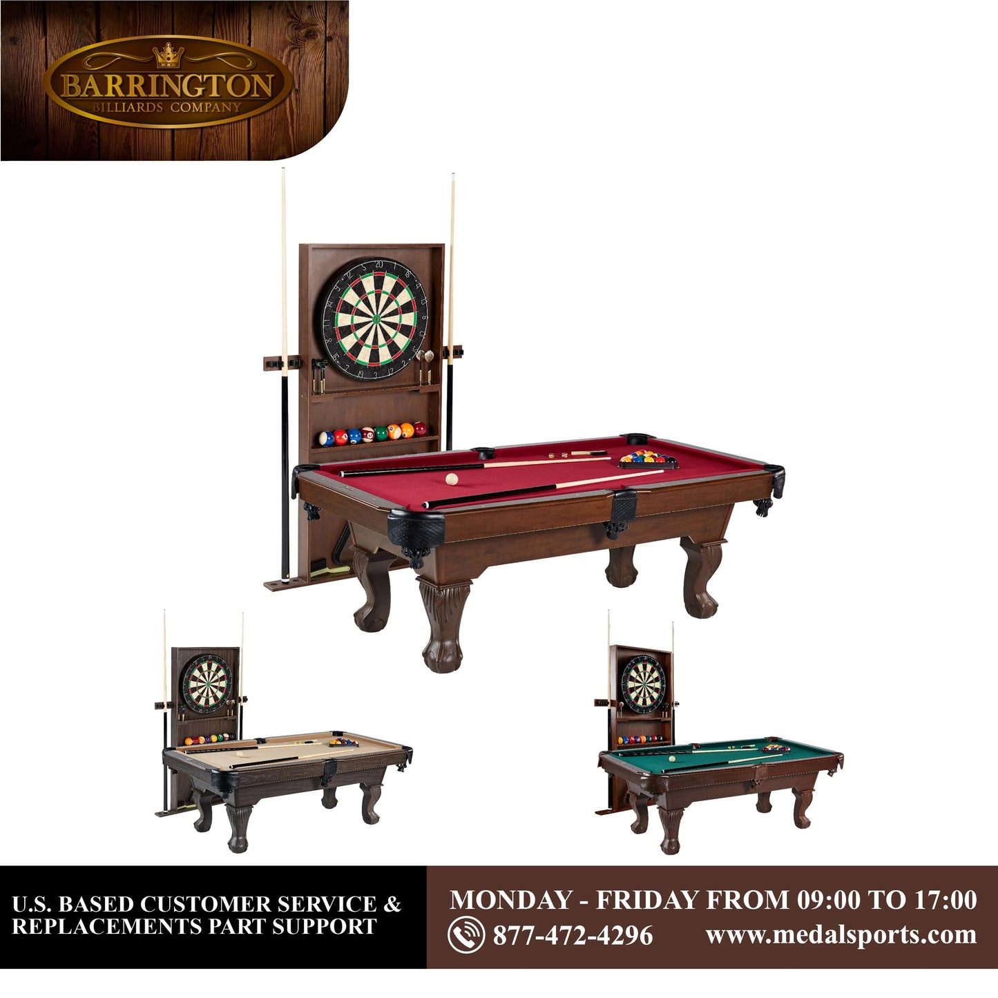 7.5 ft. Pool Table, Billiard Cue Rack, Dartboard Set by Barrington Billiards Company