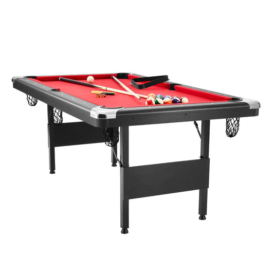 KFFKFF Pool Table, Compact 6.3 ft. Billiards Table, Black Design with Red Cloth