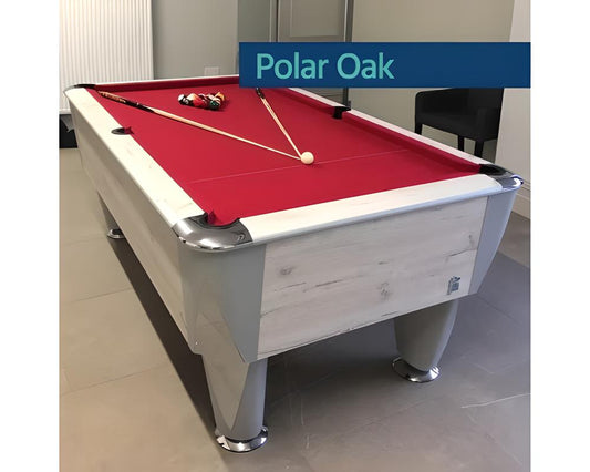 Modern Polar Oak pool table by SAM Leisure featuring a sleek design, chrome legs, and a premium finish for elegant interiors.